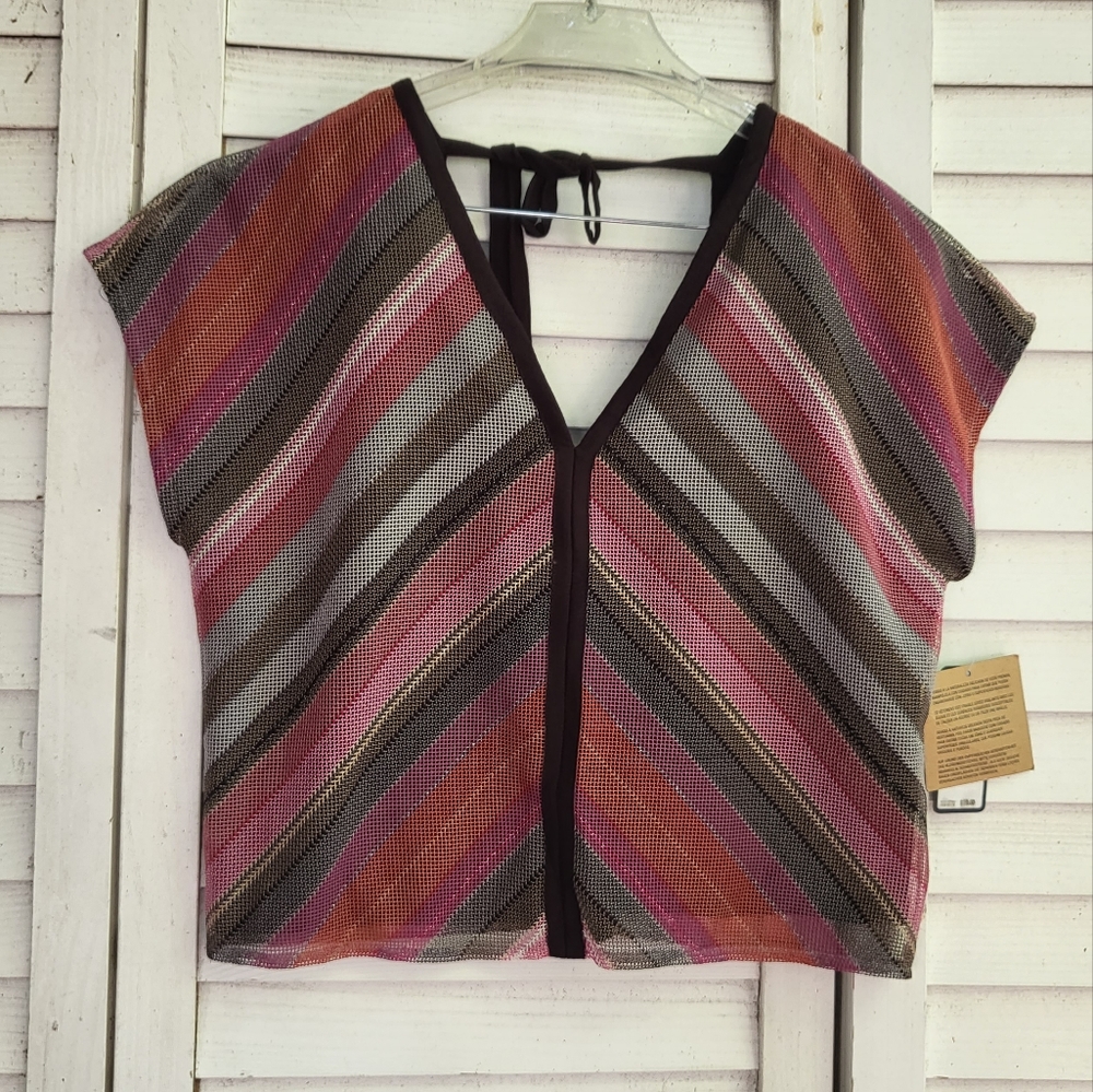 New Rachel Roy July pink gray striped mesh top tie back (tag removed)